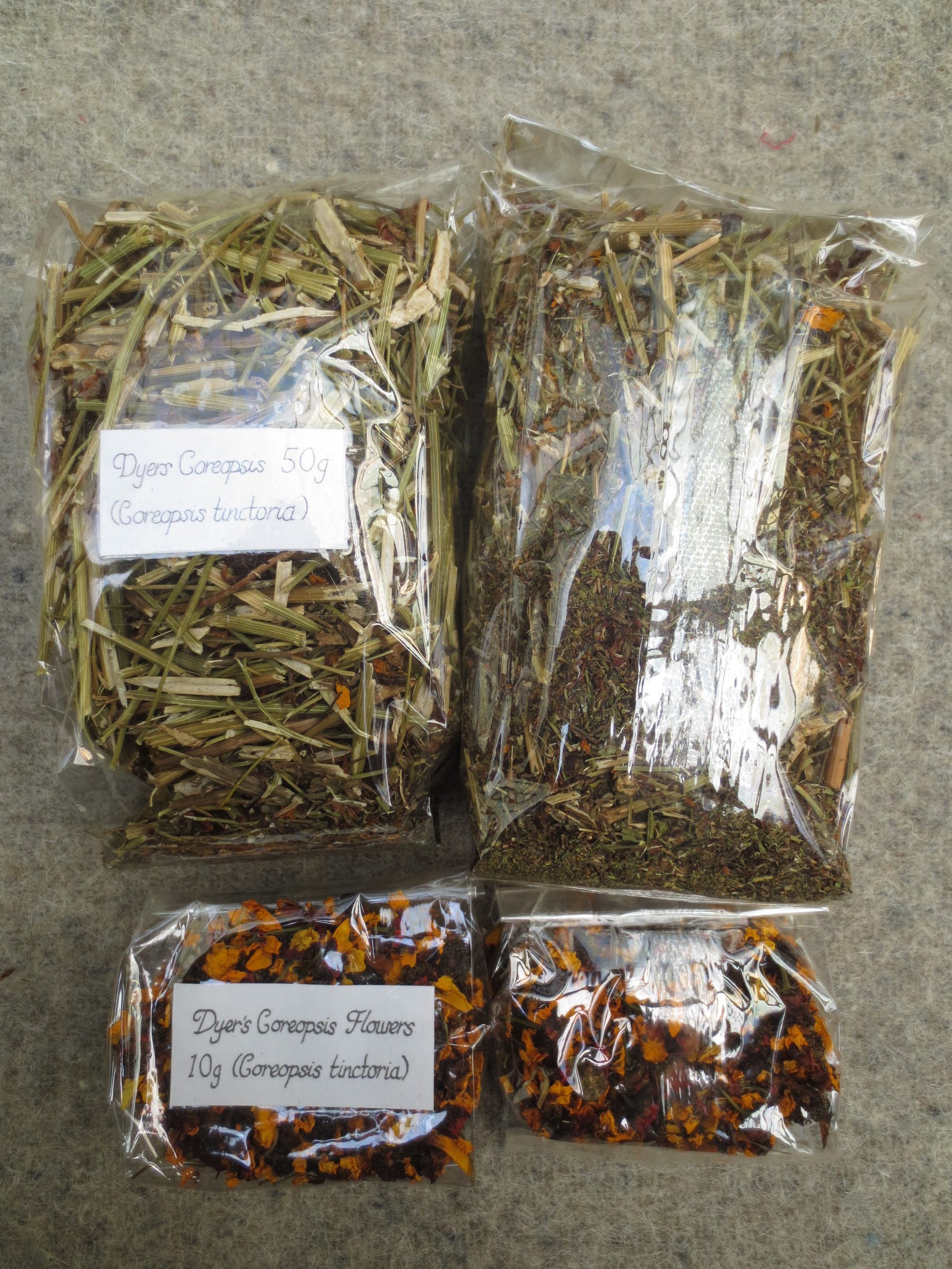 50g bag of dried Coreopsis whole plant shredded and 10g bag of Coreopsis flowers