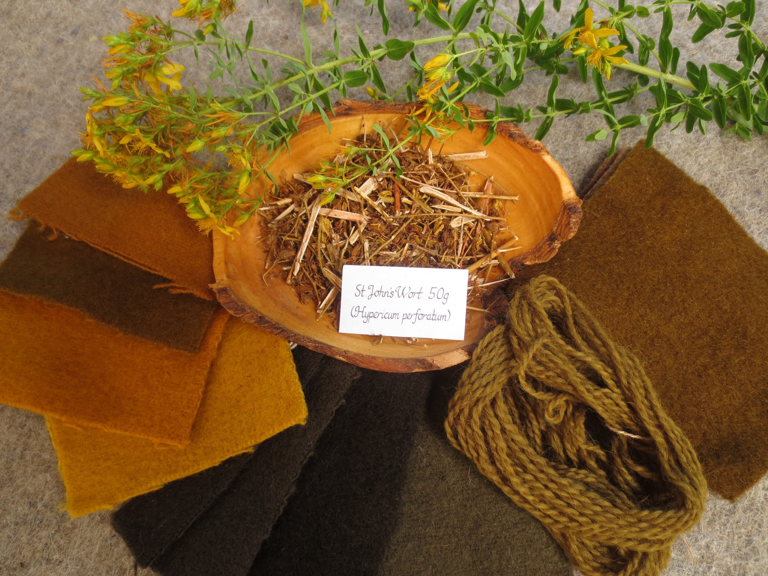 Bowl of dried St John's Wort and sample of yellow through grey, black and green