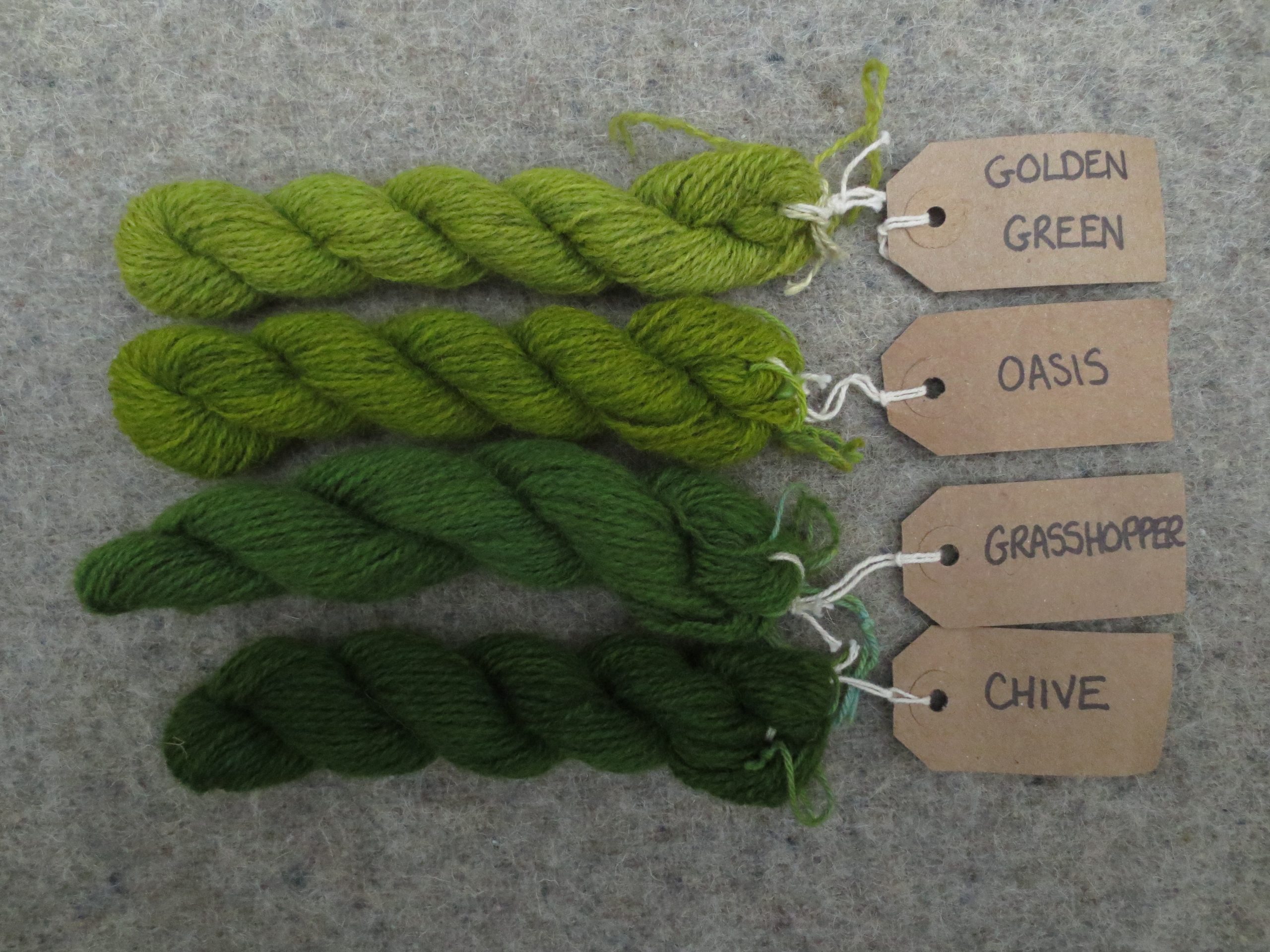 4 wool skeins labelled golden green, oasis, grasshopper and chive
