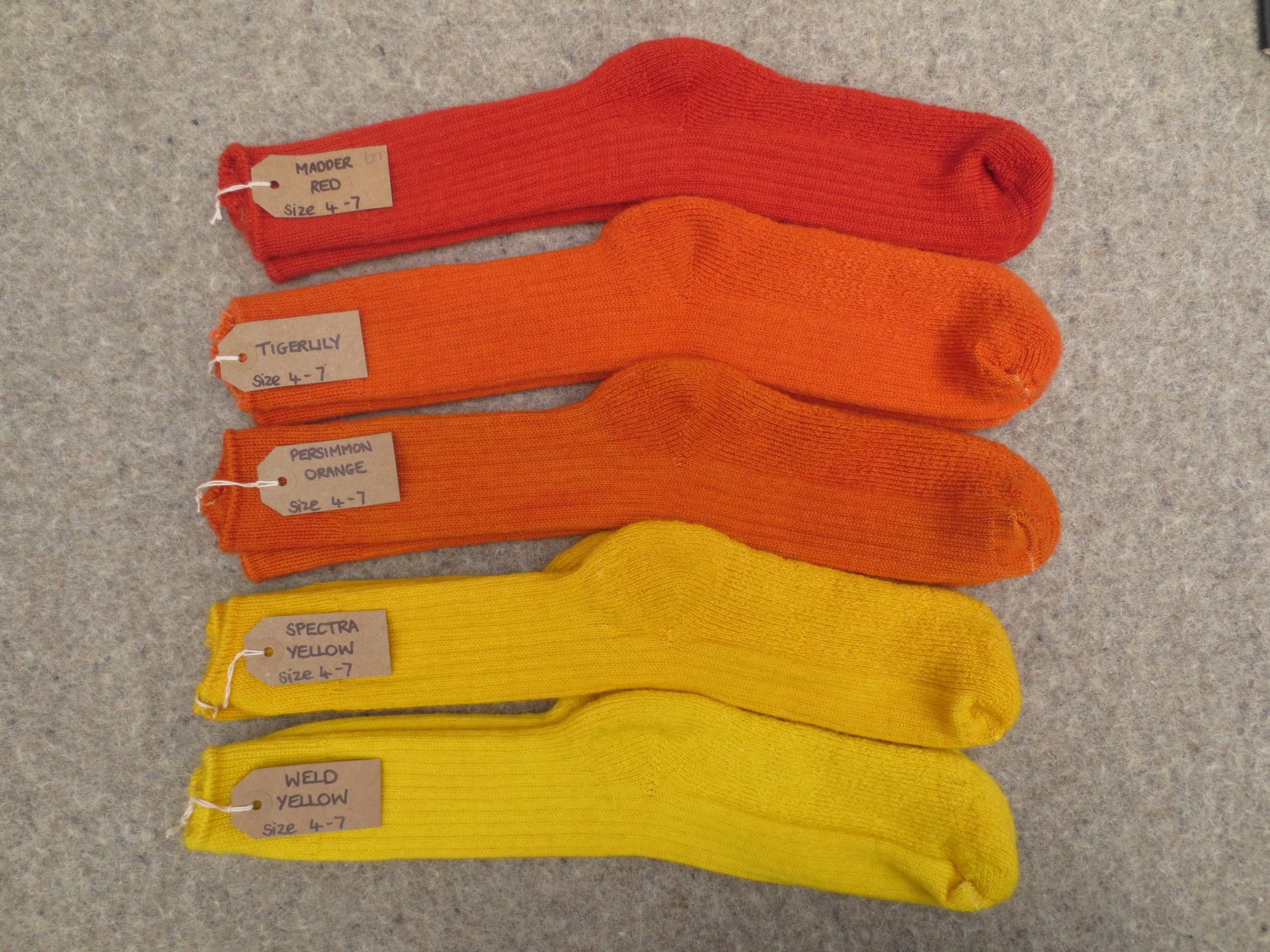5 pairs of socks labelled Madder Red, Tigerlily, Persimmon Orange, Spectra Yellow and Weld Yellow