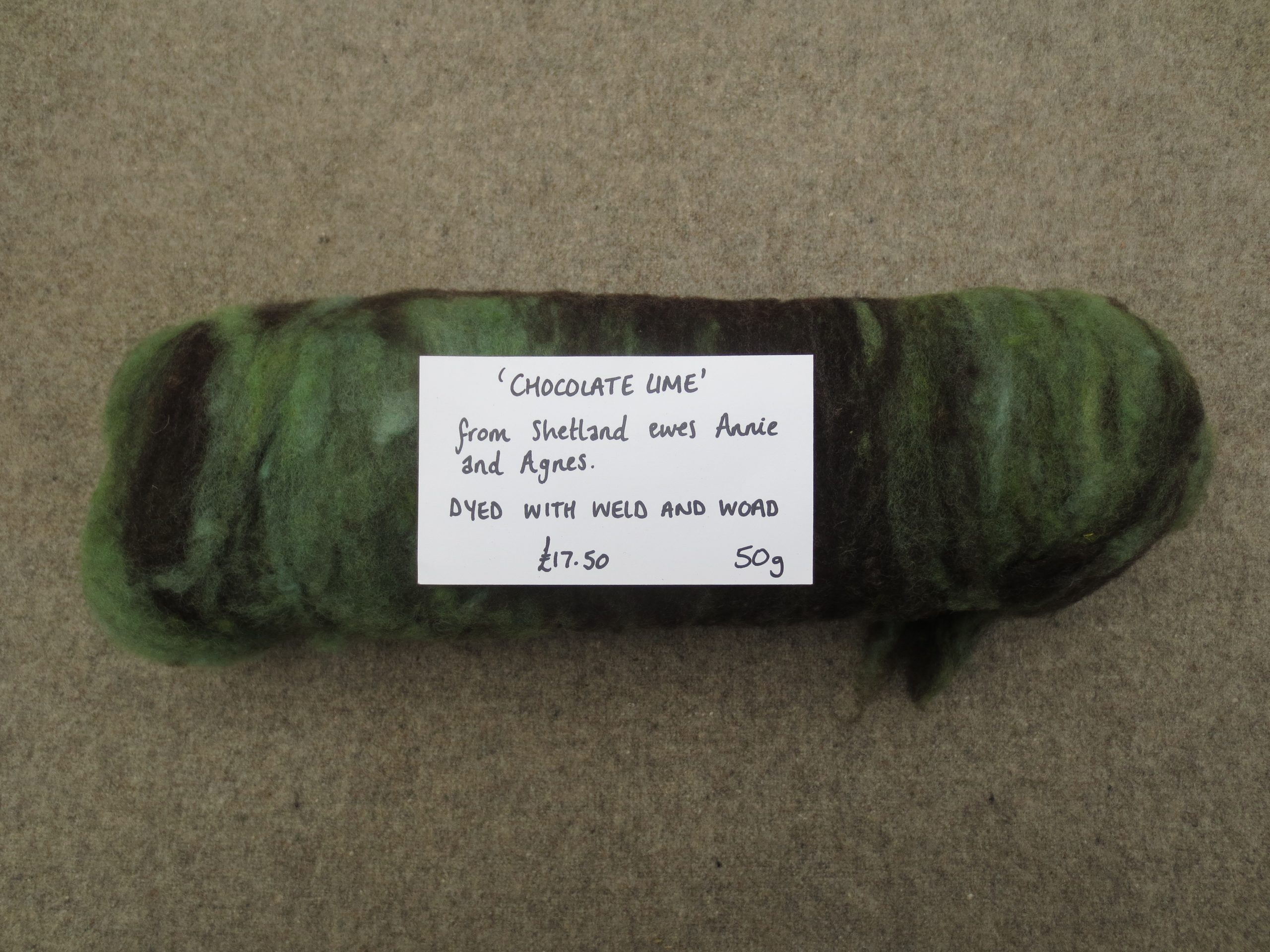 Annie and Agnes 50g chocolate lime carded batt rolled