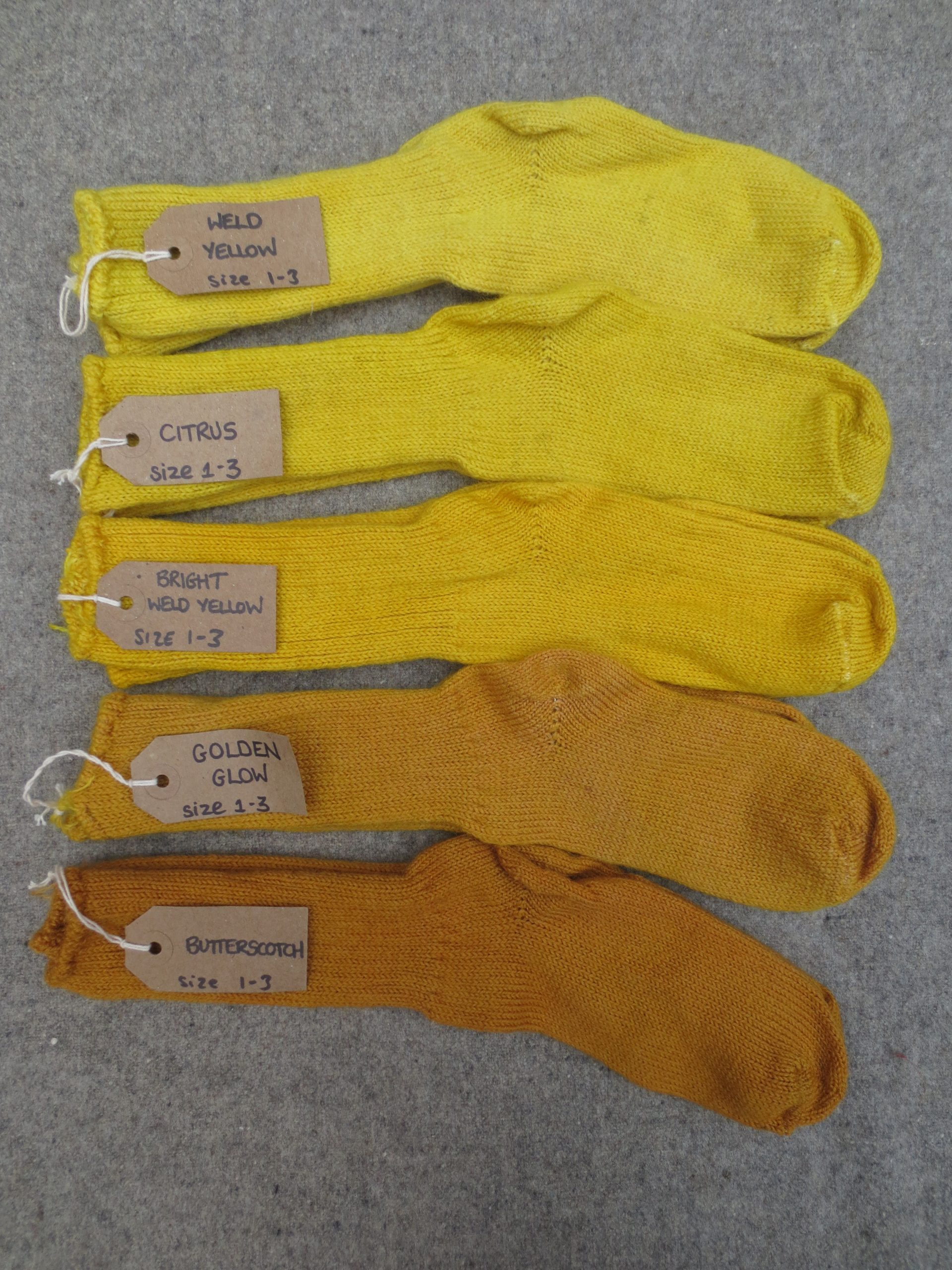 5 pairs of wool socks labelled weld yellow, bright weld yellow, citrus, golden glow and butterscotch