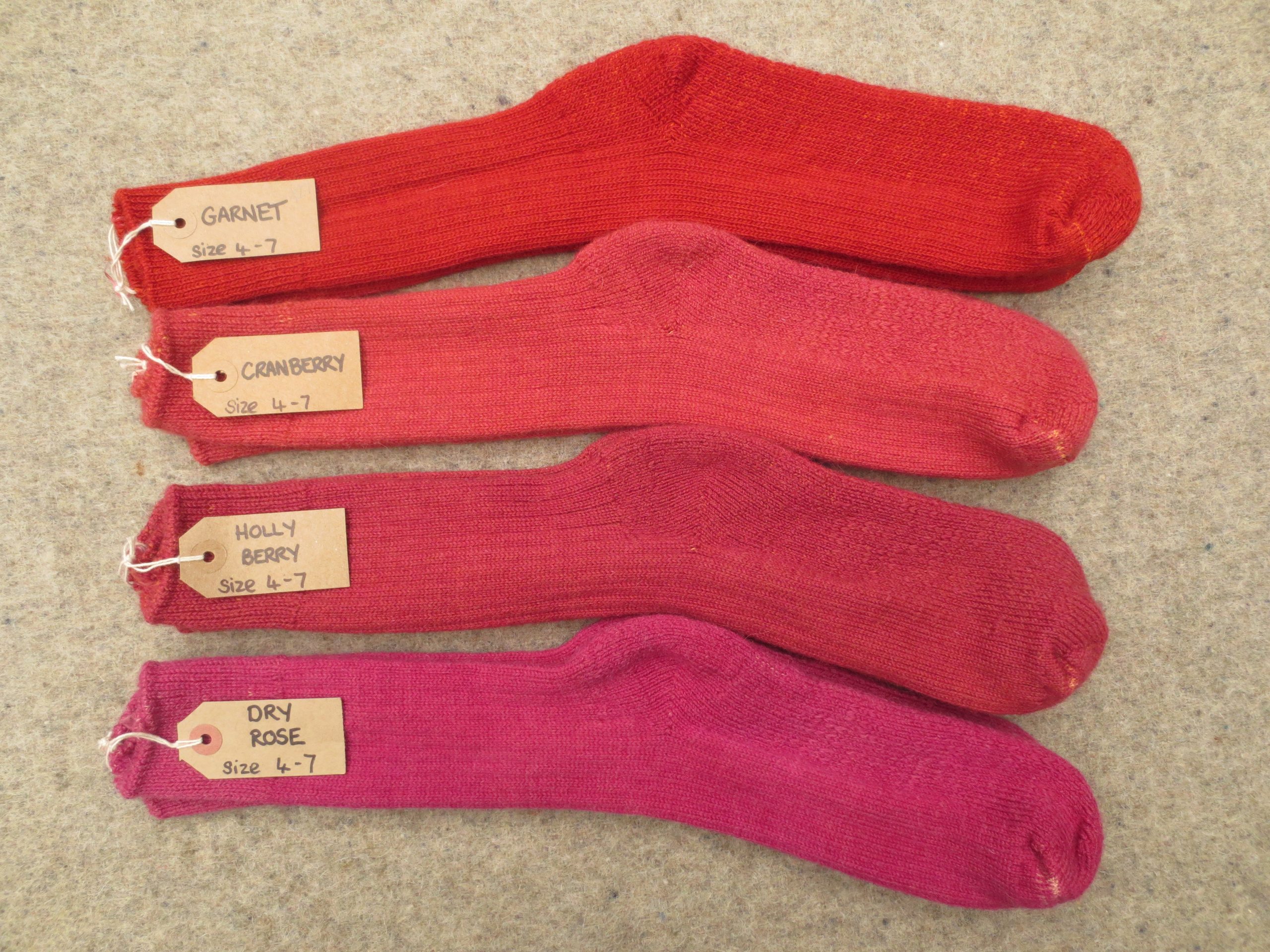4 pairs of walking socks labelled Garnet, Cranberry, Holly Berry and Dry Rose