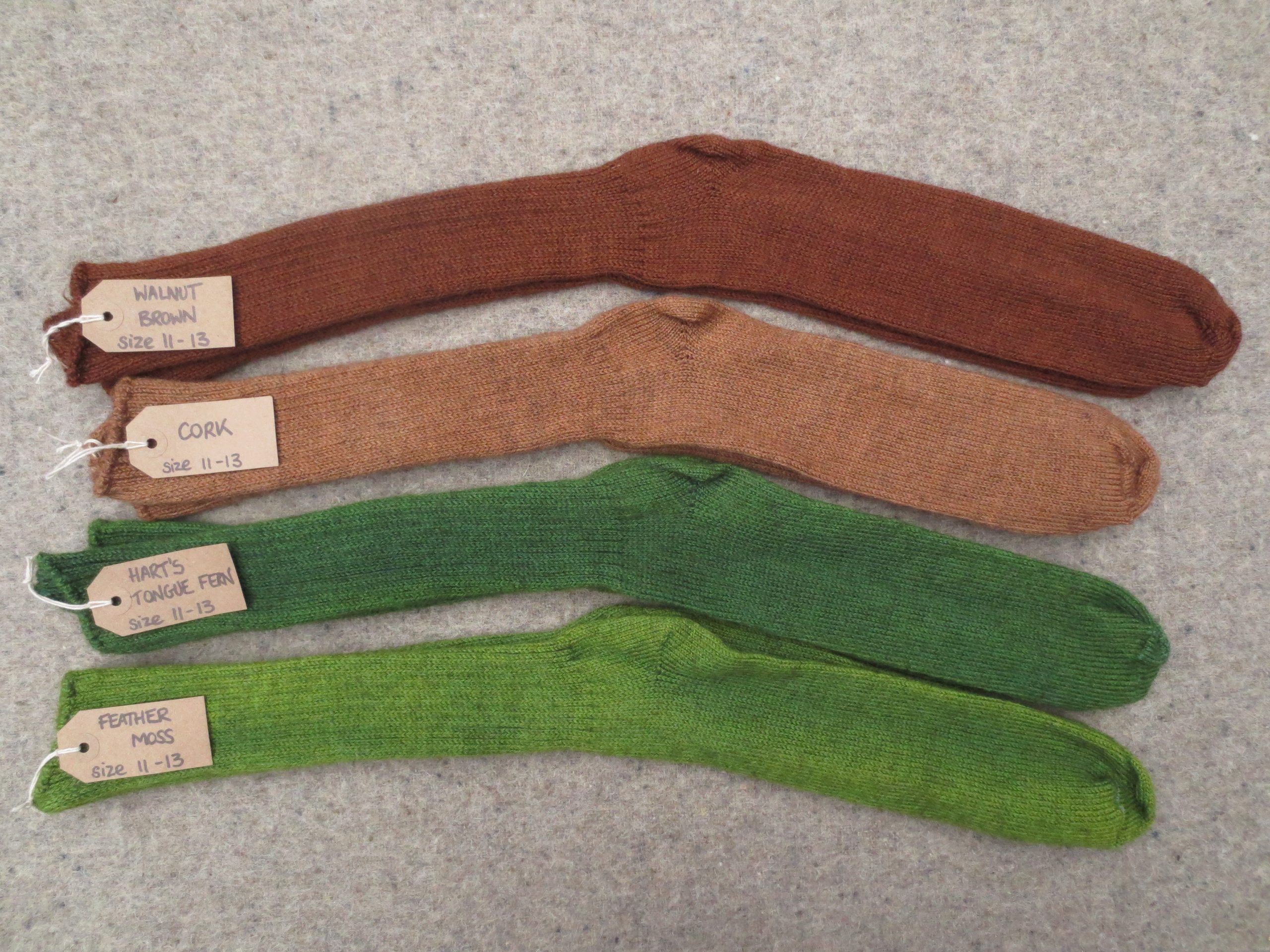 4 pairs of socks labelled Walnut Brown, Cork, Hart's Tongue Fern and Feather Moss