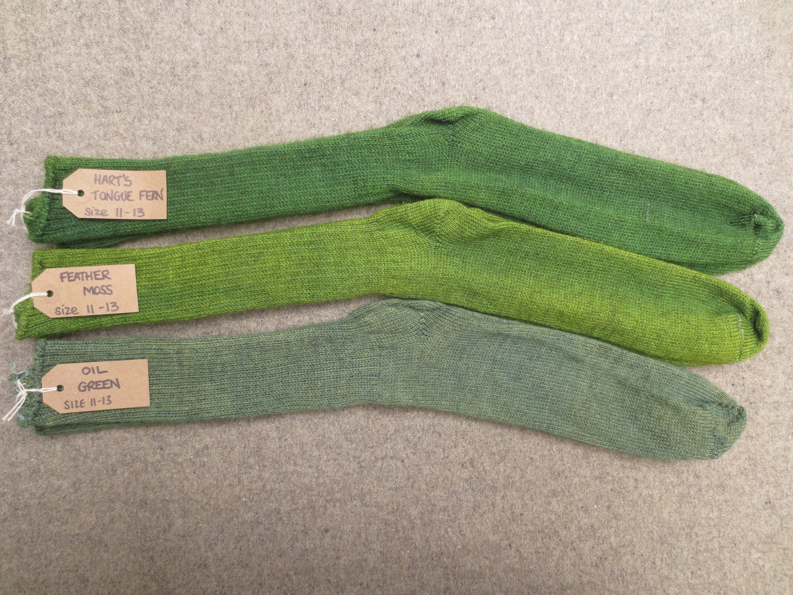 3 pairs of socks labelled Hart's tongue fern, Feather Moss and Oil Green