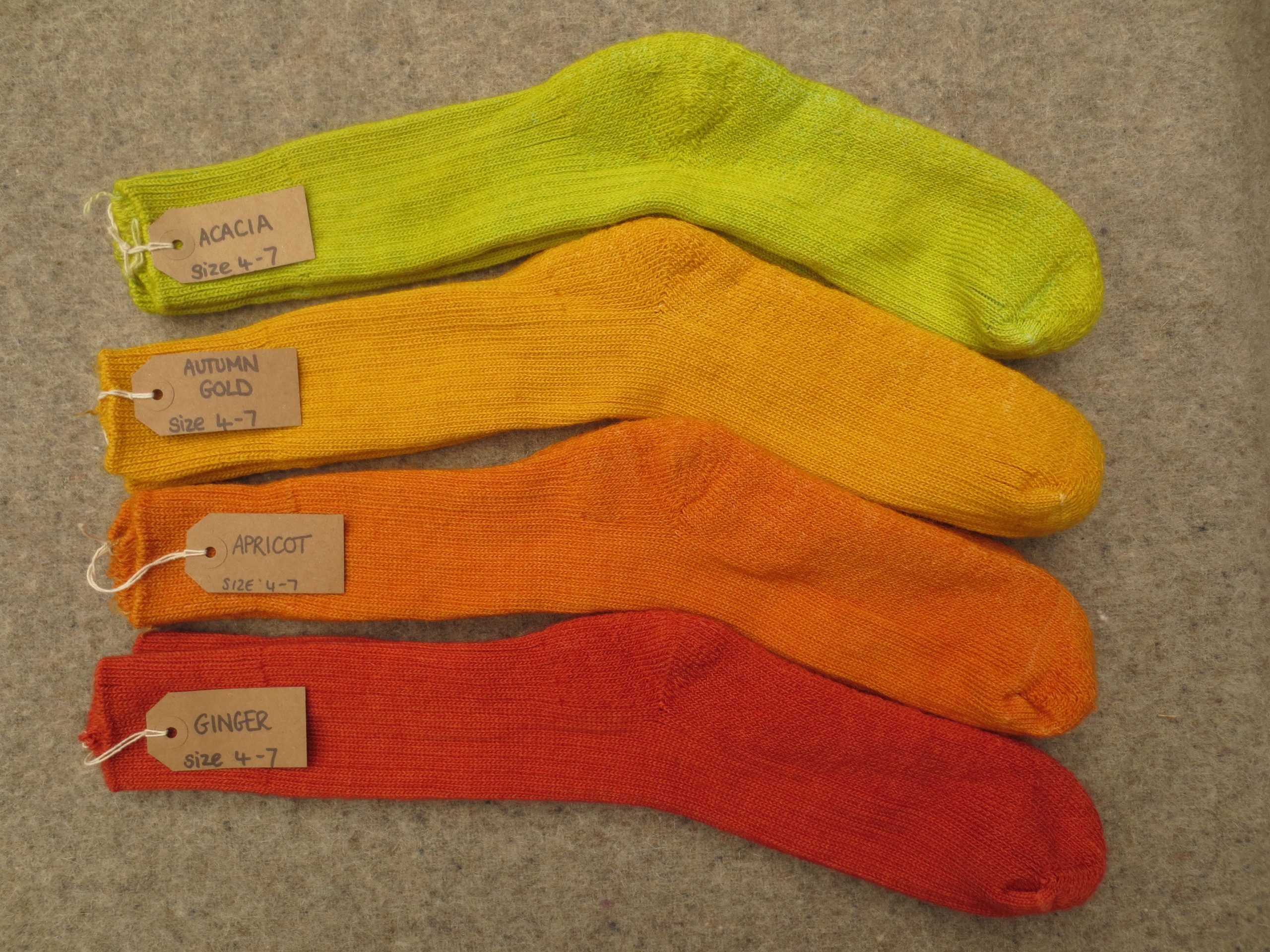 4 pairs of socks labelled Acacia, Autumn Gold, Apricot and Ginger